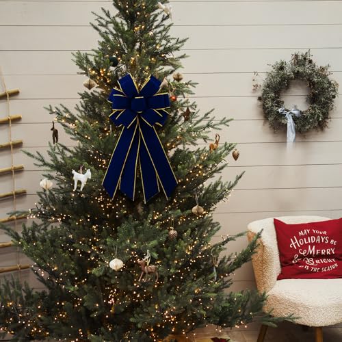 Vickasi Christmas Wreath Bowknot Navy Blue Velvet with Gold Edge - 11" x 21" Front Door Holiday Decor (Variation C)