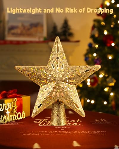 Christmas Star Tree Topper with LED Snowflake Projector Light, 10-Inch