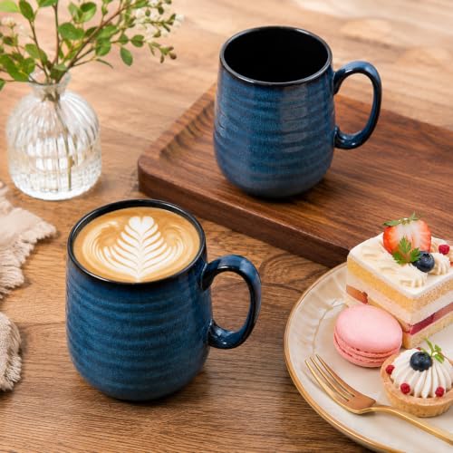 HASENSE Navy Coffee Mugs Set of 4, 15oz Porcelain Cups with Handle, Microwave Safe