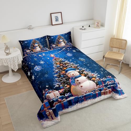 Christmas Tree Snowman Snowflake Kids Comforter Set Queen Size Blue Green White