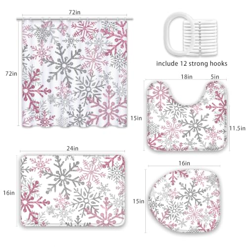 Yilinata Snowflake Pink Shower Curtain Set 4 Pcs Christmas Bathroom Decor