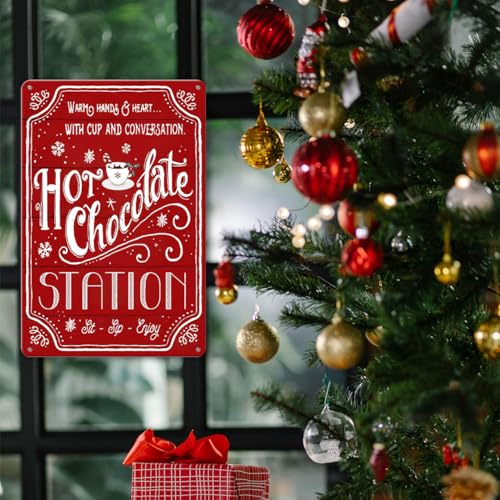 Red Hot Cocoa Bar Sign - 8x12 inch Christmas Tin Metal Decor