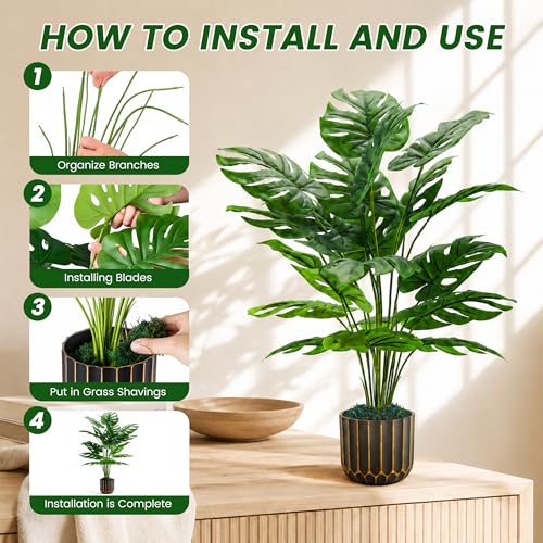28-Inch Artificial Monstera Plant in Black & Gold Pot for Home Decor