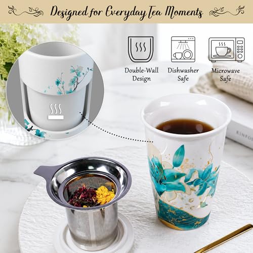 Harmoleaf Blue Lily Tea Gift Set with Insulated Ceramic Mug & Spoons