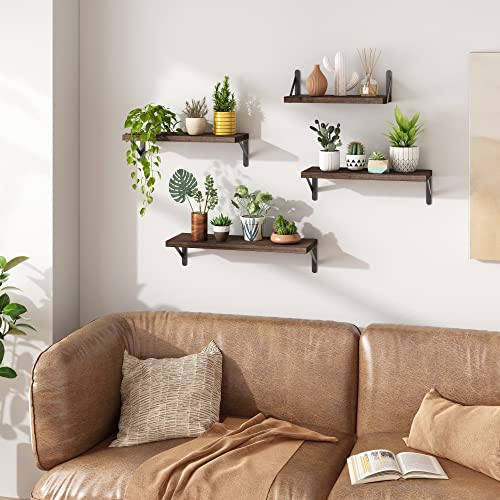 4-Piece Rustic Floating Wall Shelves, Carbonized Wood Storage Display Set