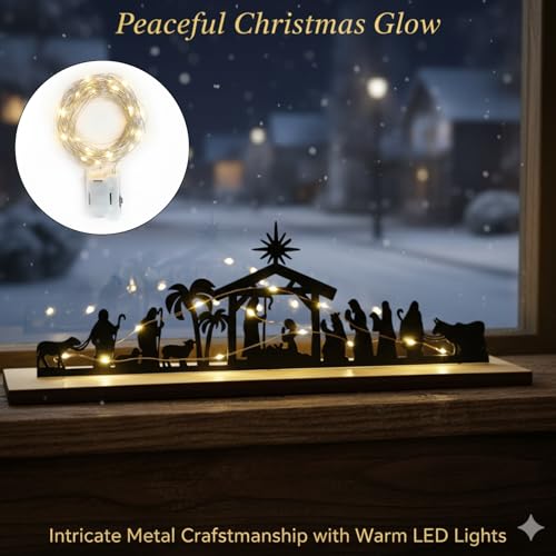 Black Metal Nativity Scene Silhouette Centerpiece with Wooden Base
