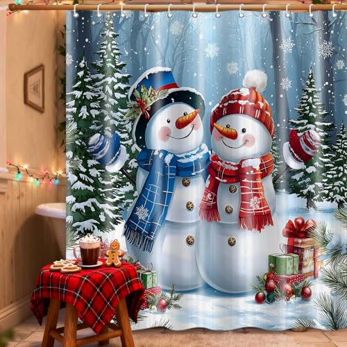 Christmas Snowman Shower Curtain - Rustic Farmhouse Xmas Scene Waterproof Fabric 71x71 Inch - Red, Abstract Variation