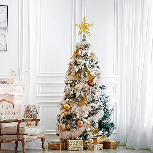 Gold Glitter Star Christmas Tree Topper - 10-Inch Hollow Metal Tree Decor