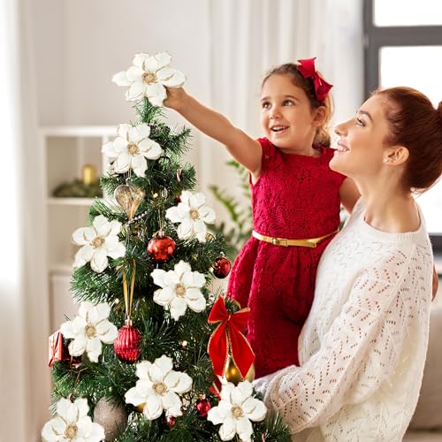 White 10Pcs Christmas Glitter Poinsettia & Velvet Magnolia Flower Ornaments - DIY Floral Picks