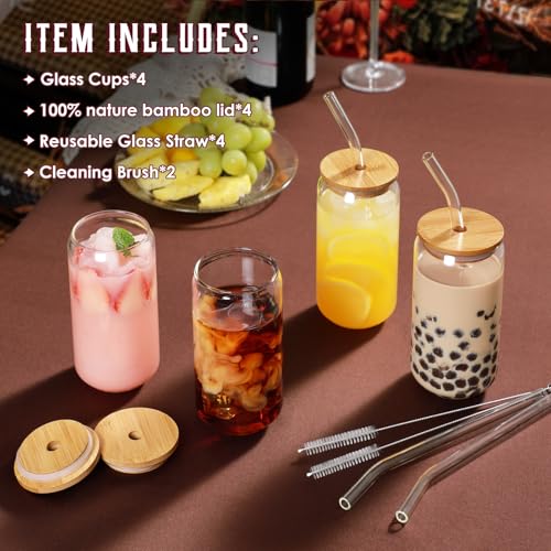 16 oz Glass Cups with Bamboo Lids and Straws - 4 Piece Iced Coffee Glass Set