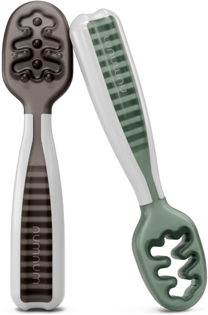 NumNum Baby Spoons Set - GOOtensils for Self-Feeding | Silicone, BPA-Free, 2 Pack in Gray/Green for 6+ Months