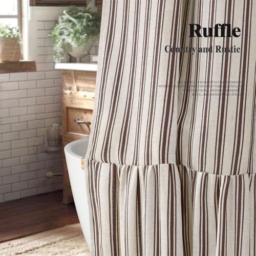 Farmhouse Linen Shower Curtain with Ruffle Hem, 72 x 72 Cream-Brown Stripe