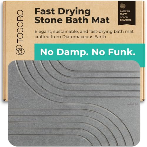 TOSORO Stone Bath Mat, Non-Slip Super Absorbent Diatomaceous Earth Shower Mat, Quick Drying Graphite, 23.5 x 15