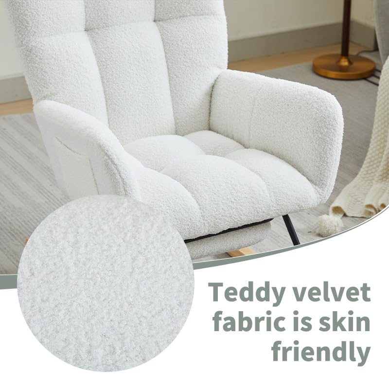 HEAHOLD Teddy Fabric Rocking Chair - 35.4 Inch Plush Glider for Nursery & Living Room, White