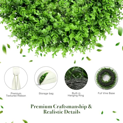 24-Inch UV-Resistant Boxwood Wreath for Front Door with Decorative Sash