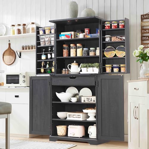 70" Tall Farmhouse Kitchen Pantry Cabinet with Barn Doors & Drawer