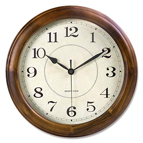 14-Inch Silent Wood Wall Clock, Large Non-Ticking Retro Analog Clock