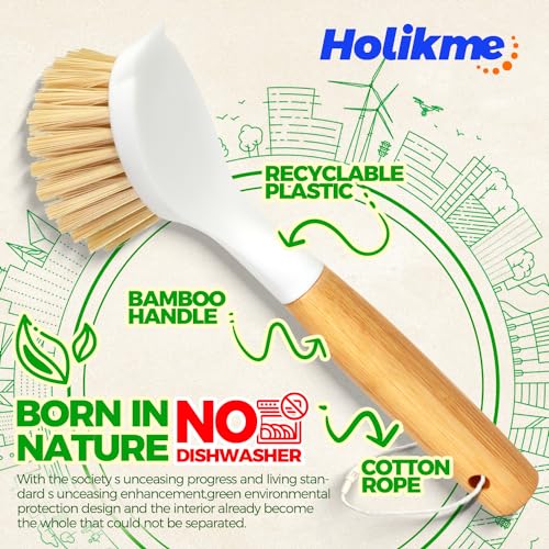 3-Pack Bamboo Handle Kitchen Dish Brushes for Pots, Pans & Veggies