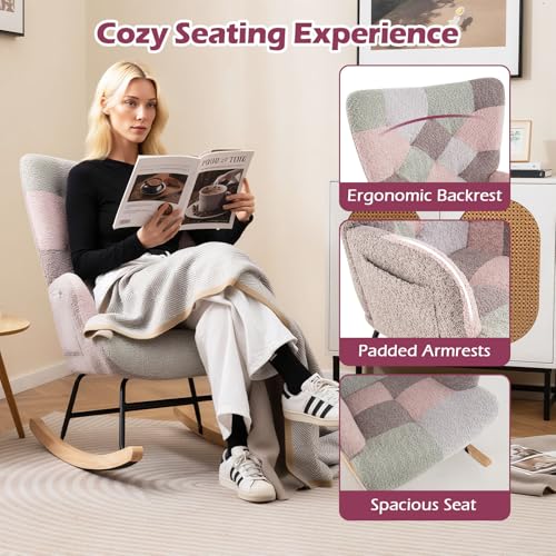 Boucle Upholstered Rocking Chair with High Backrest and Side Pocket