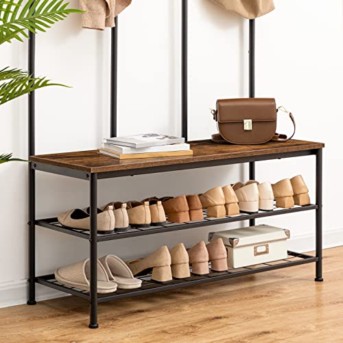 Industrial Hall Tree with Bench, 12-Hook Coat Rack and Shoe Storage Organizer
