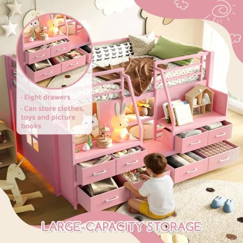 Twin Low Loft Bed with 8 Drawers, Storage Shelves and LED Lights