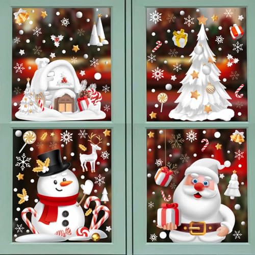 Christmas Window Clings Set - 8 Sheets Double-Sided Holiday Decorations with Santa, Snowman, Moose & Snowflake for Glass Doors & Windows