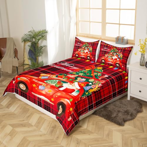 Castle Fairy Merry Christmas Twin Bedding Set with Santa Claus & Car Pattern, 68x90 Duvet Cover & Pillowcase, Red & Black Decor