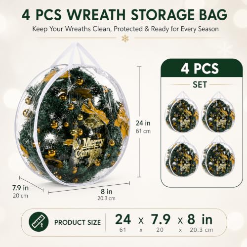Clear Wreath Storage Bag 24x8 Inch PVC Christmas Protector 4 Pack