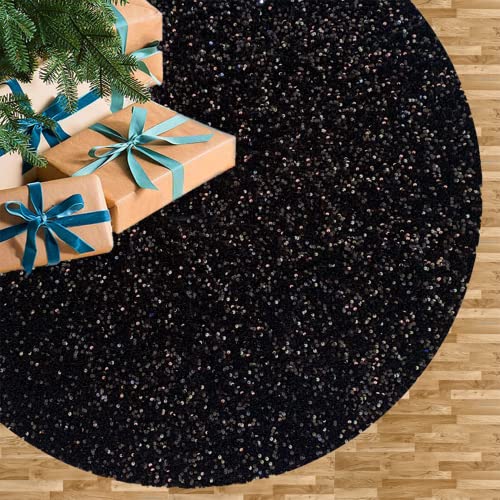 Black Sequin Velvet Christmas Tree Skirt - 21 Inch Small Holiday Tree Mat