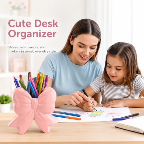 Pink Ceramic Bow Vase & Makeup Brush Holder - Small Vanity Desk Organizer