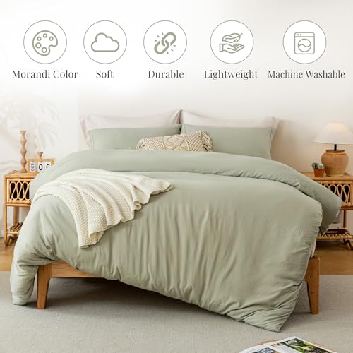 Queen Duvet Cover Set - 3 Piece Ultra Soft Washed Microfiber Bedding, Mist Sage