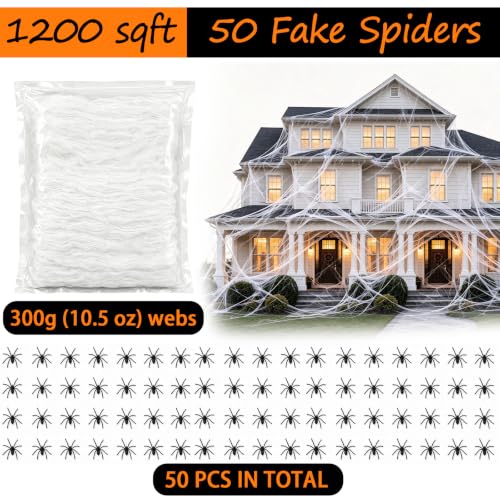Halloween Spider Webs with 50 Fake Spiders - 1200 sqft Stretchable Decor