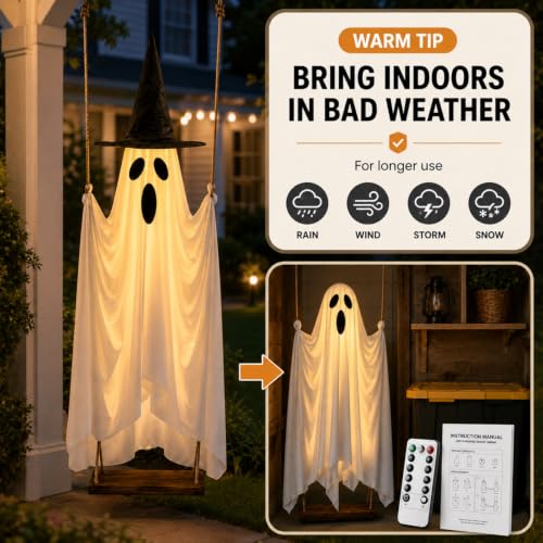 5 FT Lighted Hanging Halloween Ghost Decor with Remote & Detachable Hat