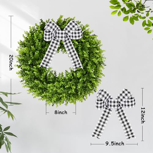 20-Inch Artificial Boxwood Wreath with Plaid Bow for Front Door Decor