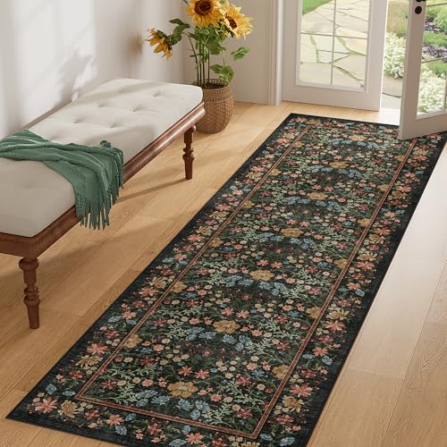 2x6 Washable Vintage Floral Runner Rug, Non-Slip Low Pile Boho Carpet