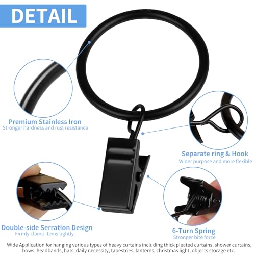 42 Pack Metal Curtain Rings with Clips, 1.26 Inch Interior Diameter, Black