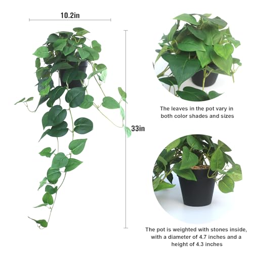 Artificial Pothos Hanging Plants - 33-Inch Faux Ivy Vines with Pots (Set of 2)