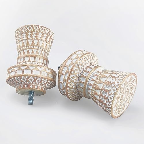 Boho Carved Curtain Rod Finials, White-washed Polyresin, Set of 2