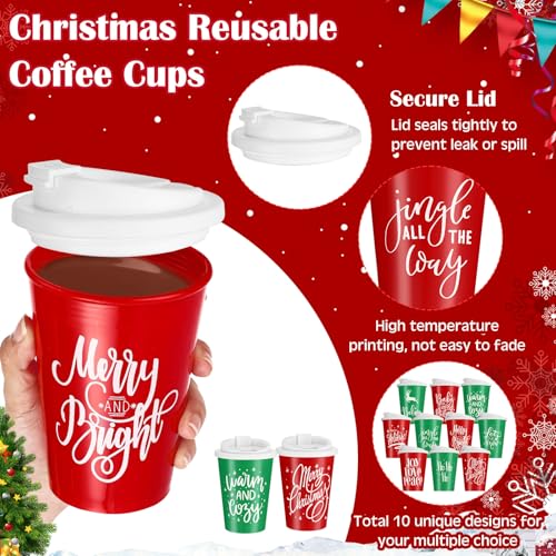 Christmas Reusable Cups with Lids 12oz - Set of 10, Red & Green, Holiday Theme