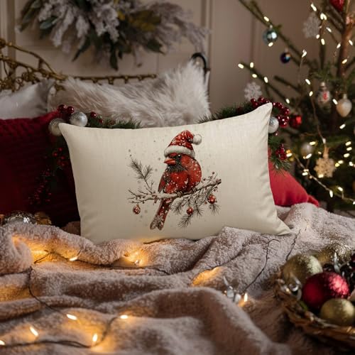Christmas Red Cardinal Bird 12x20 Pillow Cover - Rustic Holiday Decor for Living Room & Bedroom