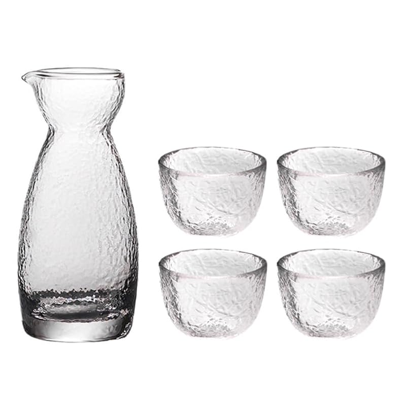 Japanese Sake Set with Hammered Glass Pot & 4 Cups - Elegant Drinkware