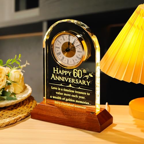 60th Wedding Anniversary Glass Desk Clock with LED Light Base