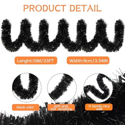 33ft Black Metallic Tinsel Garland - Thick Foil Twist Holiday Decor