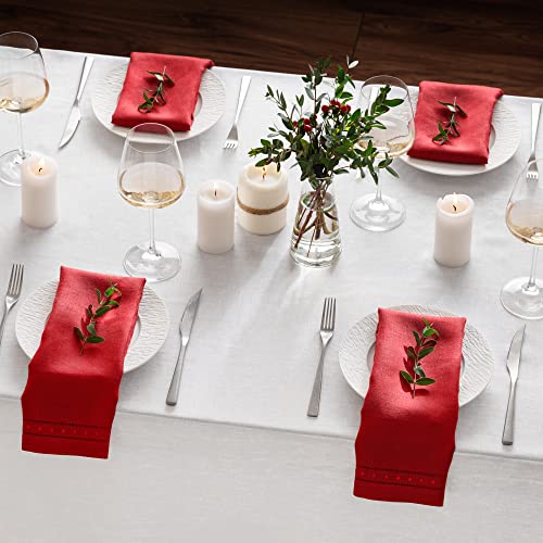 Red Linen Napkins Set of 4 18x18 Inch Embroidered Swiss Dot, Handcrafted
