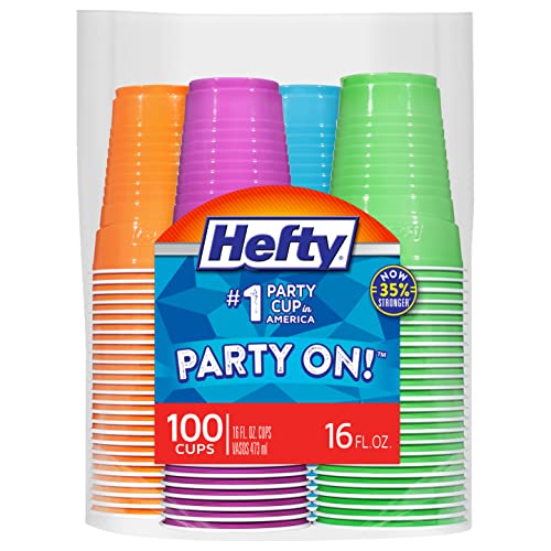 Hefty Party On Disposable Plastic Cups 16 Oz 100 Count Assorted