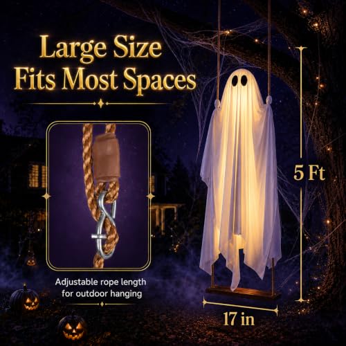 5ft Hanging Swing Ghost Halloween Outdoor Decoration with Remote Lights