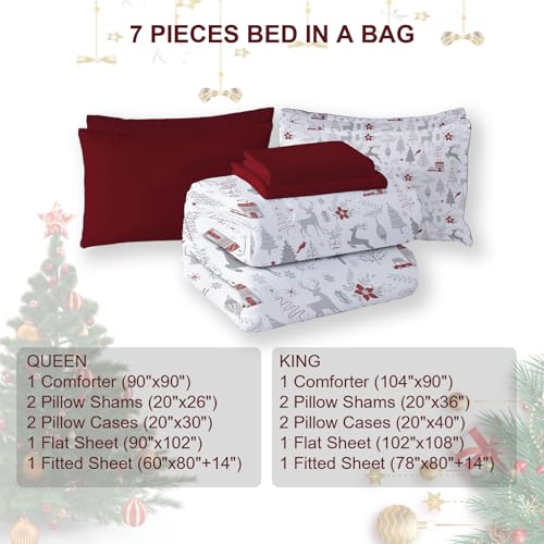 Luxudecor Christmas King Comforter Set - 7 Pieces, Red & White Reindeer Bed in a Bag, King