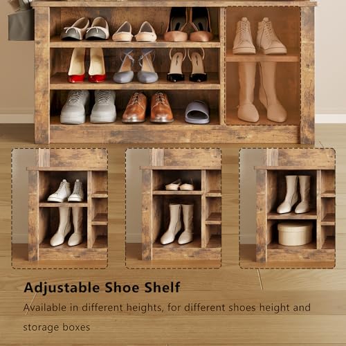 5-in-1 Entryway Hall Tree with Storage Bench and Coat Rack, Rustic Brown
