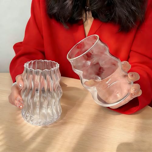2 Pcs Ribbed Glass Cups 18 oz - Aesthetic Wavy Iced Coffee & Matcha Glasses