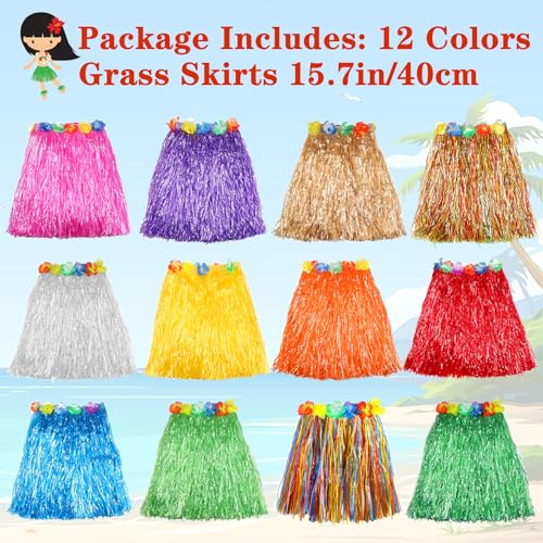Kids Tropical Hula Grass Skirts with Hibiscus Flowers - 12 Pack